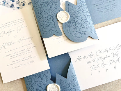 Hydrangea Wedding Invitation with Die Cut Wrap & Wax Seal