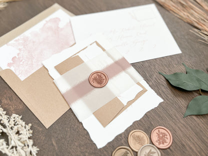 Copper Wedding Invitation with Deckled Edging, Vellum Belly Band, Chiffon Ribbon and Wax Seal