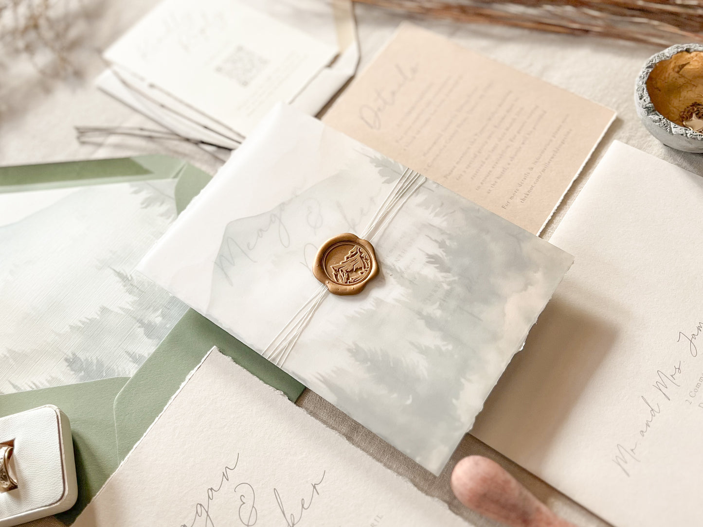 Mountain Wedding Invitation with Vellum, Deckled Edge & Wax Seal