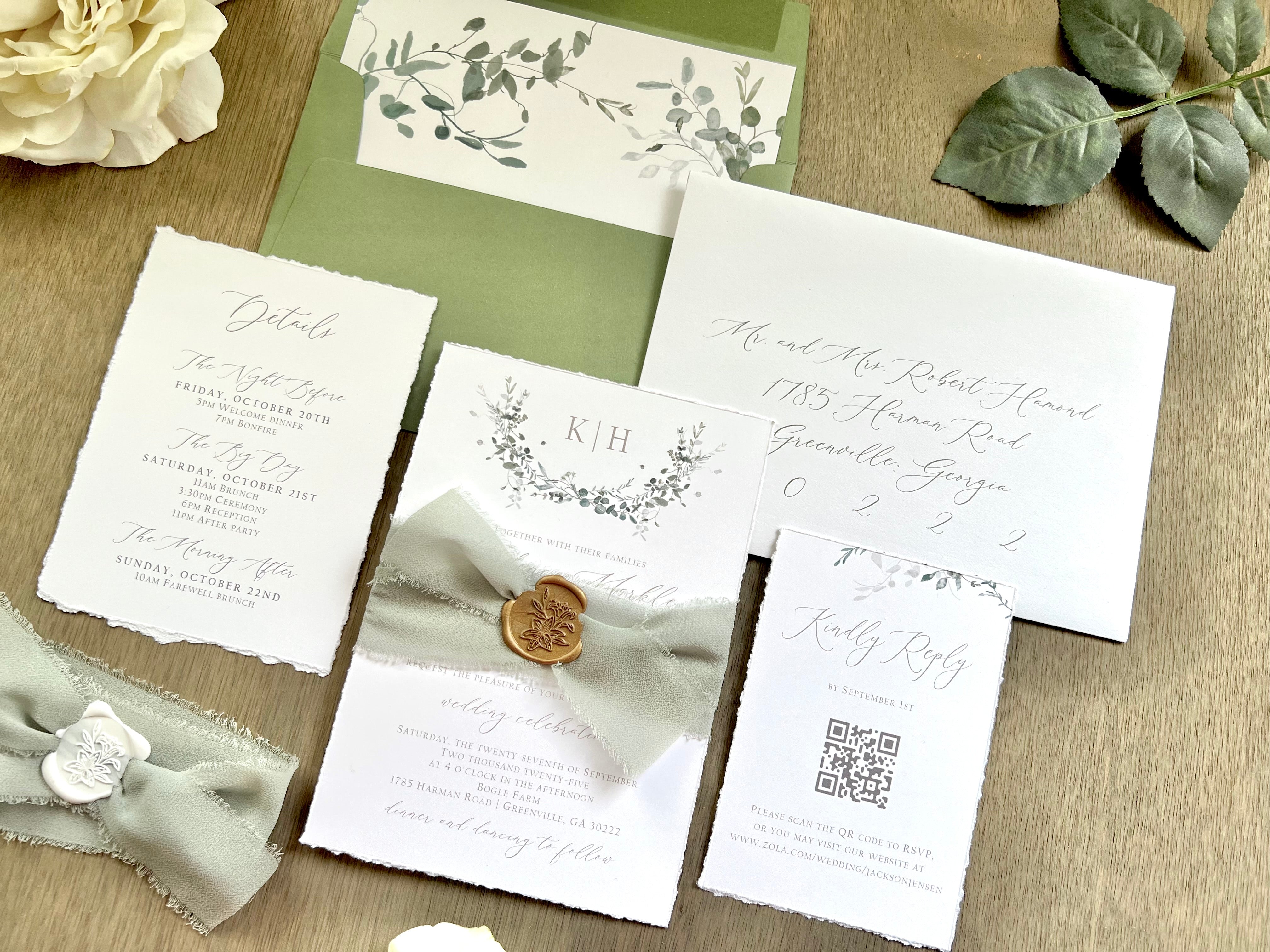 Monogram Laurel Wreath Wedding Invitation with Muted Sage Green Chiffon Ribbon & Wax Seal with Deckled Edging