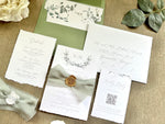 Monogram Laurel Wreath Wedding Invitation with Muted Sage Green Chiffon Ribbon & Wax Seal with Deckled Edging