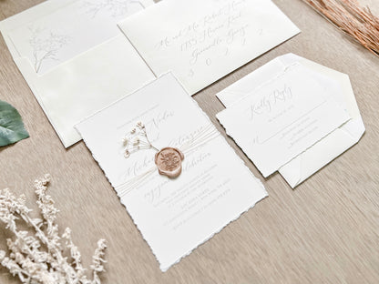 Elegant Ivory Baby’s Breath Wedding Invitation with Deckled Edging and Wax Seal