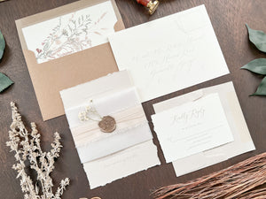 Neutral Wedding Invitation with Deckled Edging, Vellum Belly Band, Chiffon Ribbon, Dried Baby’s Breath and Wax Seal