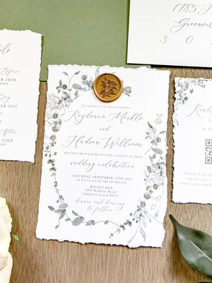 Minimalist Greenery Wedding Invitation with Deckled Edge and Antique Gold Wax Seal