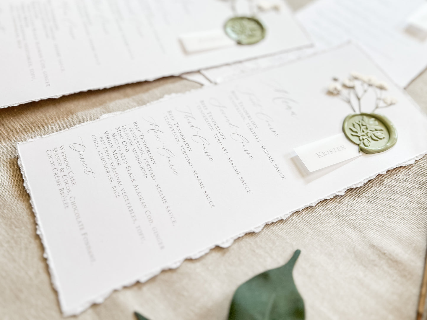 Wedding Menus with Vellum Name Tag, Baby’s Breath and Wax Seal