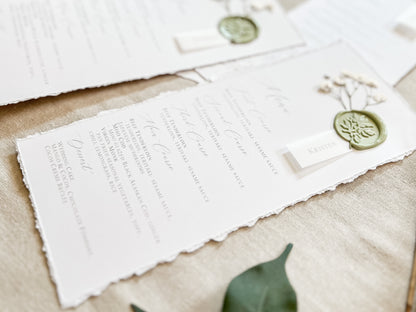 Wedding Menus with Vellum Name Tag, Baby’s Breath and Wax Seal