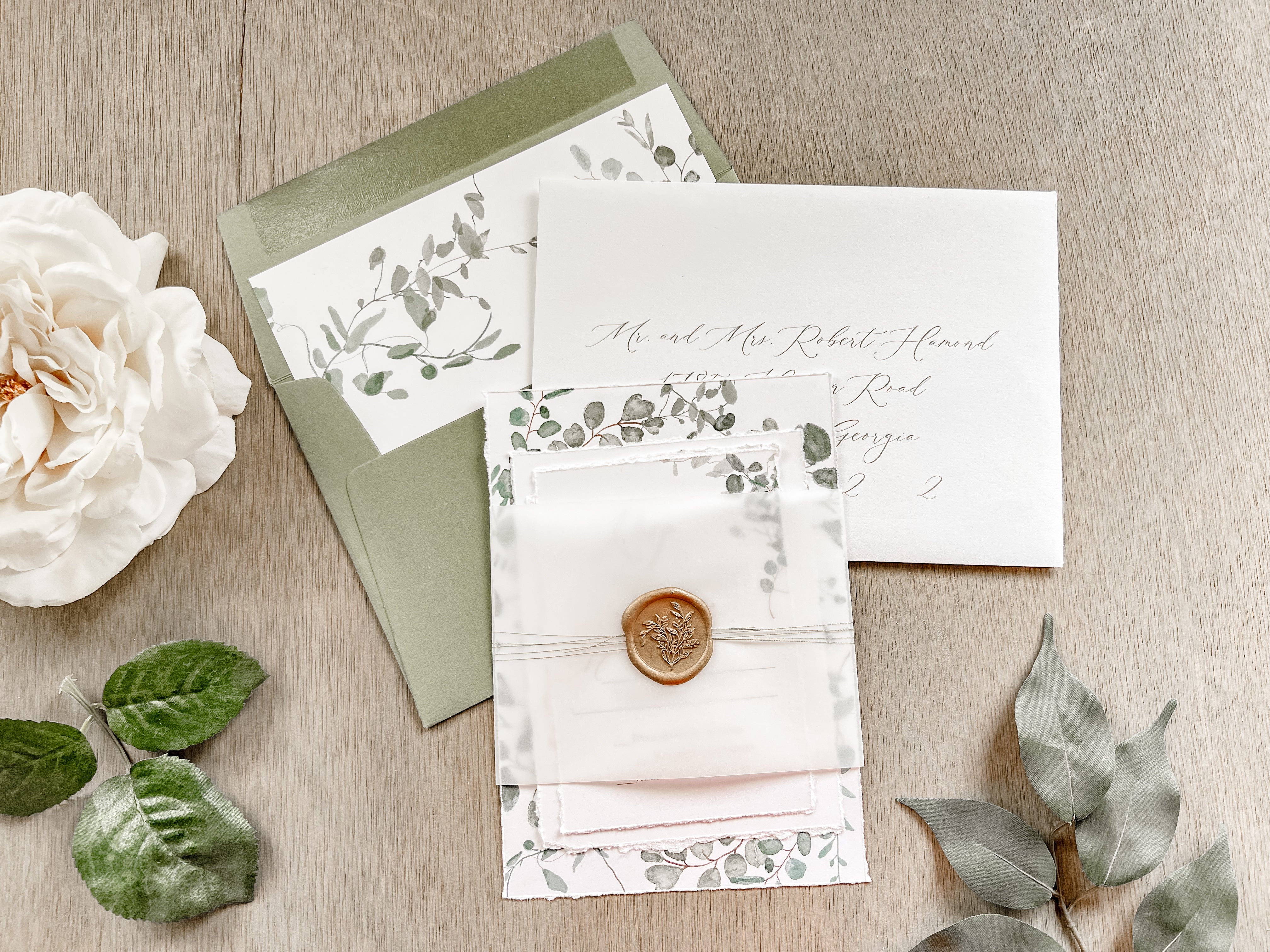 Eucalyptus Greenery Wedding Invitation with Deckled Edging, Vellum Belly Band and Wax Seal