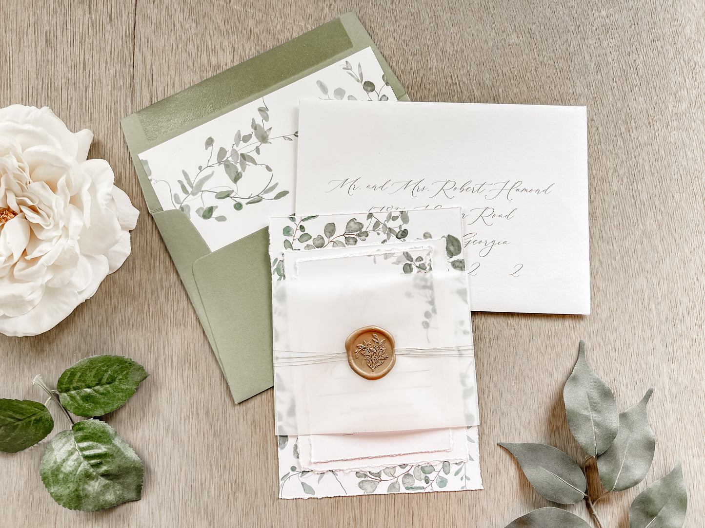 Eucalyptus Greenery Wedding Invitation with Deckled Edging, Vellum Belly Band and Wax Seal