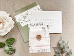 Eucalyptus Greenery Wedding Invitation with Deckled Edging, Vellum Belly Band and Wax Seal