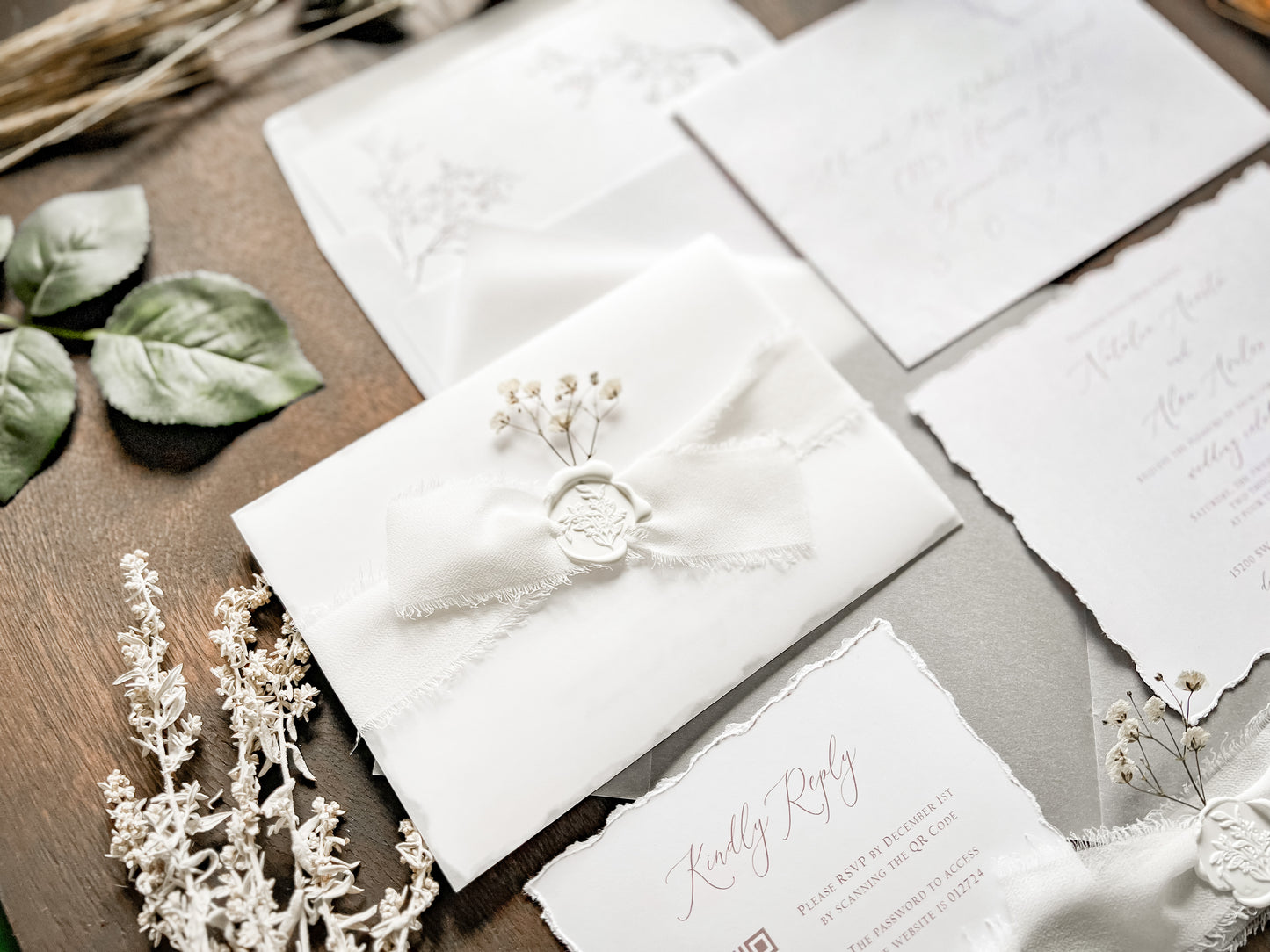 White Baby’s Breath Wedding Invitation with Deckled Edging, QR code RSVP, Vellum, Chiffon Ribbon and Wax Seal