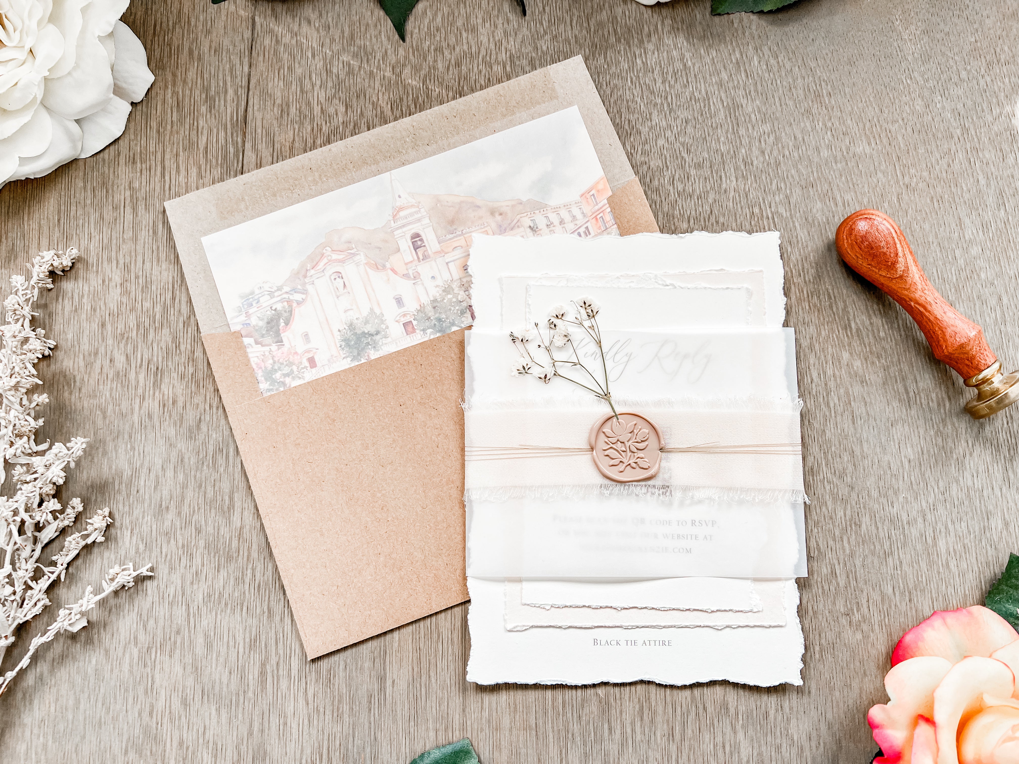 Neutral Wedding Invitation with Deckled Edging, Vellum Belly Band, Chiffon Ribbon, Dried Baby’s Breath and Wax Seal