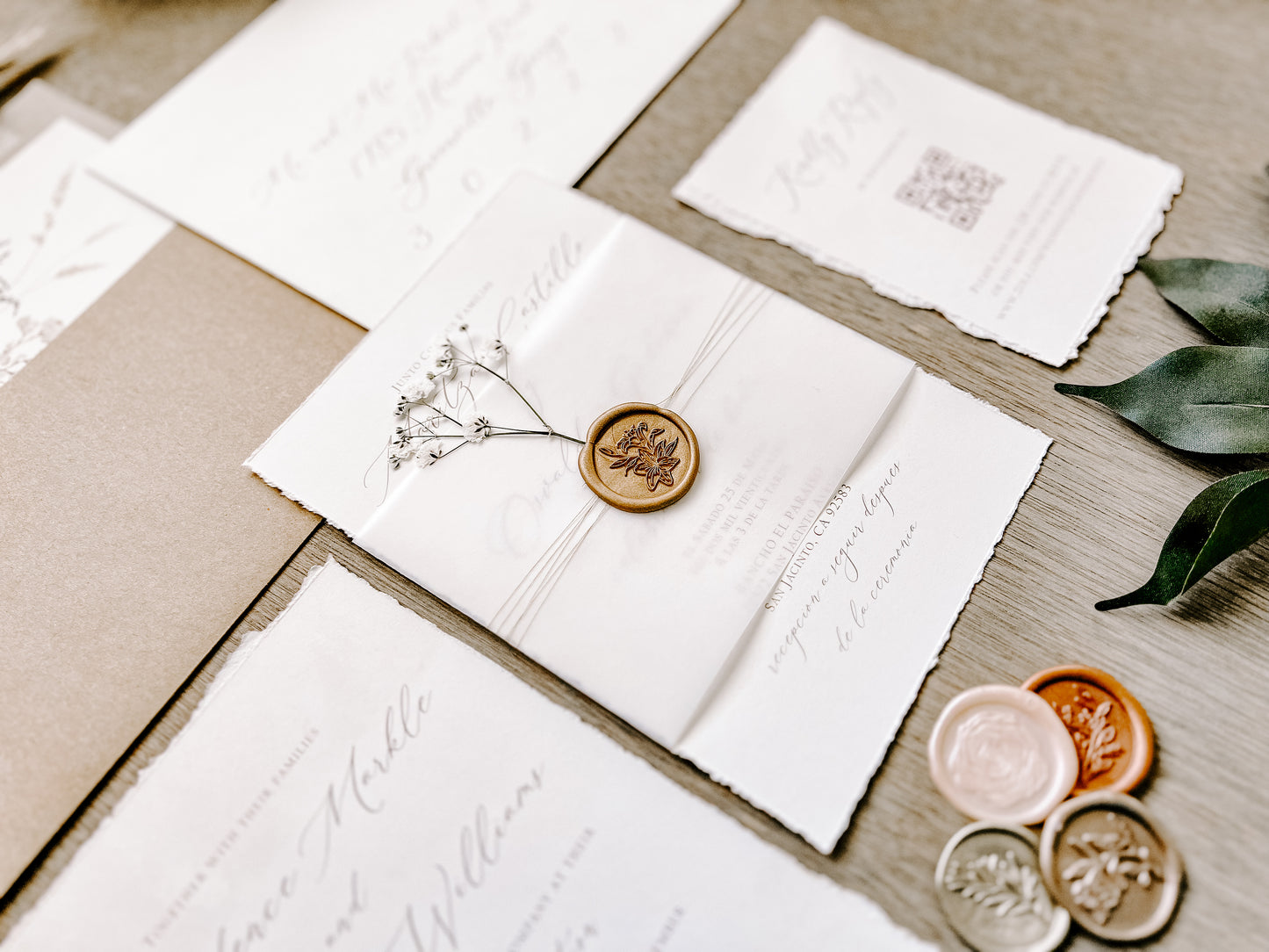 Vintage Ivory Baby’s Breath Wedding Invitation with Deckled Edging, Vellum Belly Band and Wax Seal