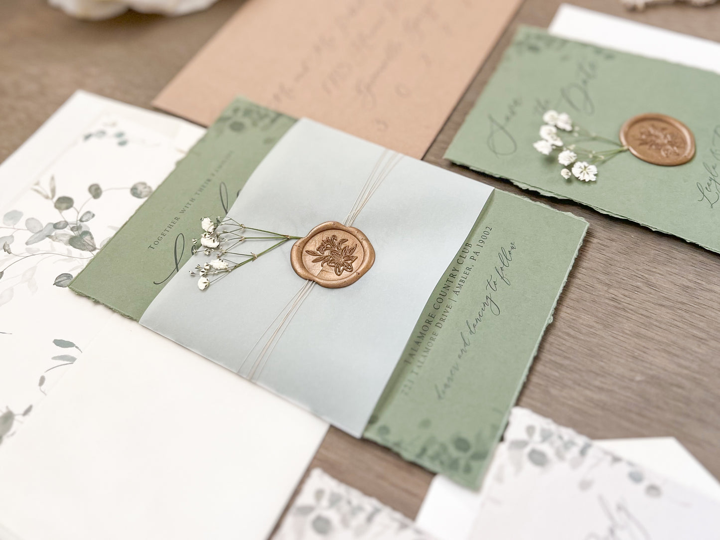 Sage Green and Baby’s Breath Wedding Invitation with Deckled Edging, Vellum Belly Band and Wax Seal