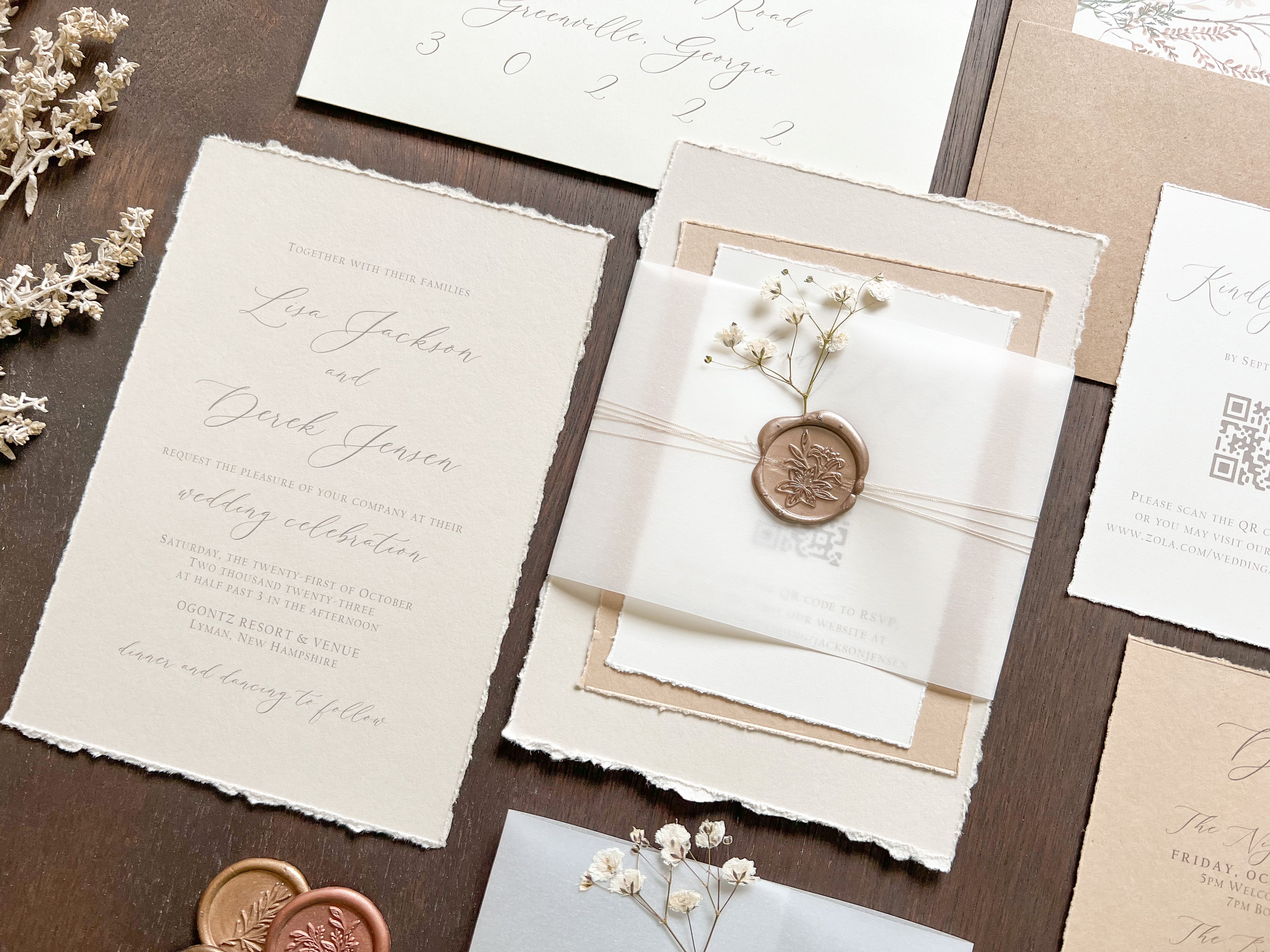 Elegant Beige Baby’s Breath Wedding Invitation with Deckled Edging, Vellum Belly Band and Wax Seal