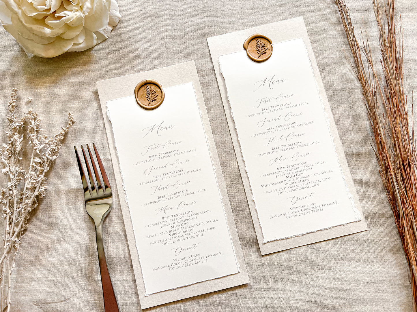 Wedding Menus with Deckled Edge and Colored Backing