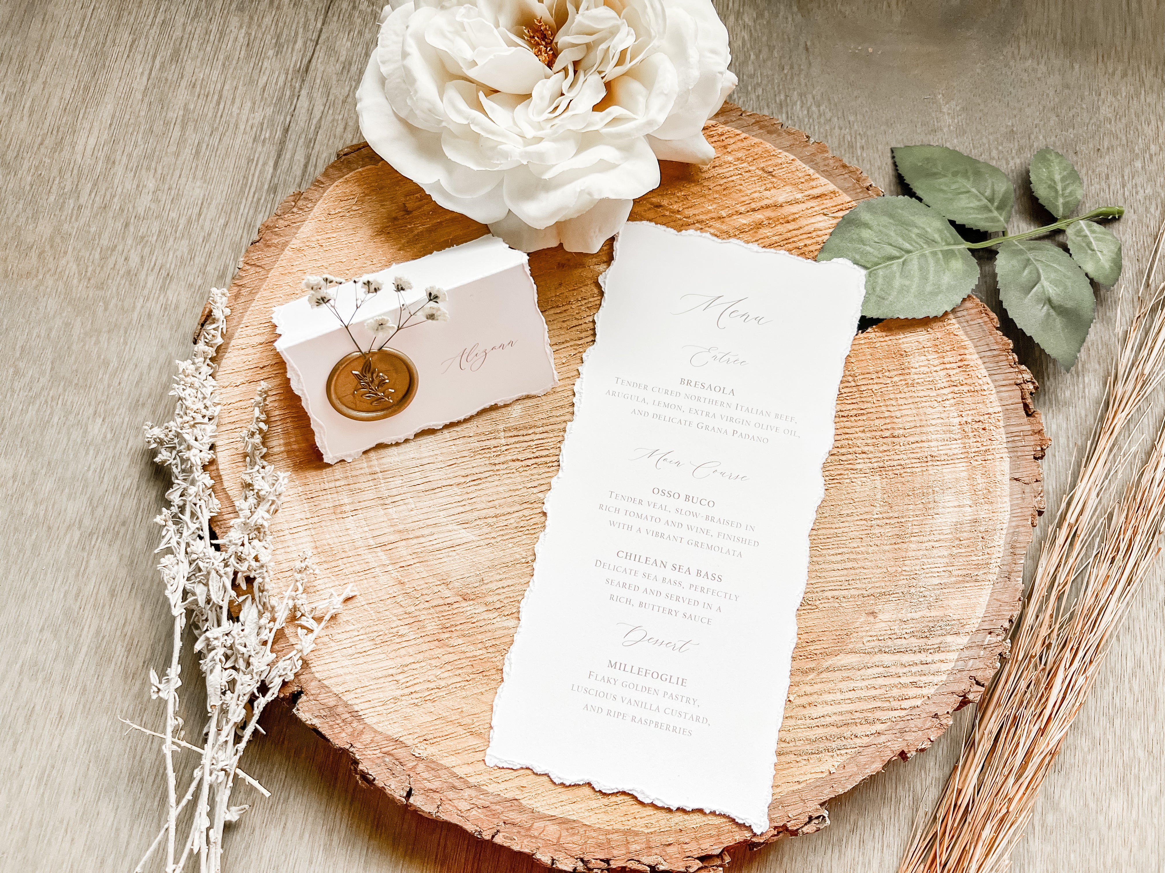 Folding Tent Wedding Place Cards with Baby’s Breath, Wax Seal and Deckled Edging
