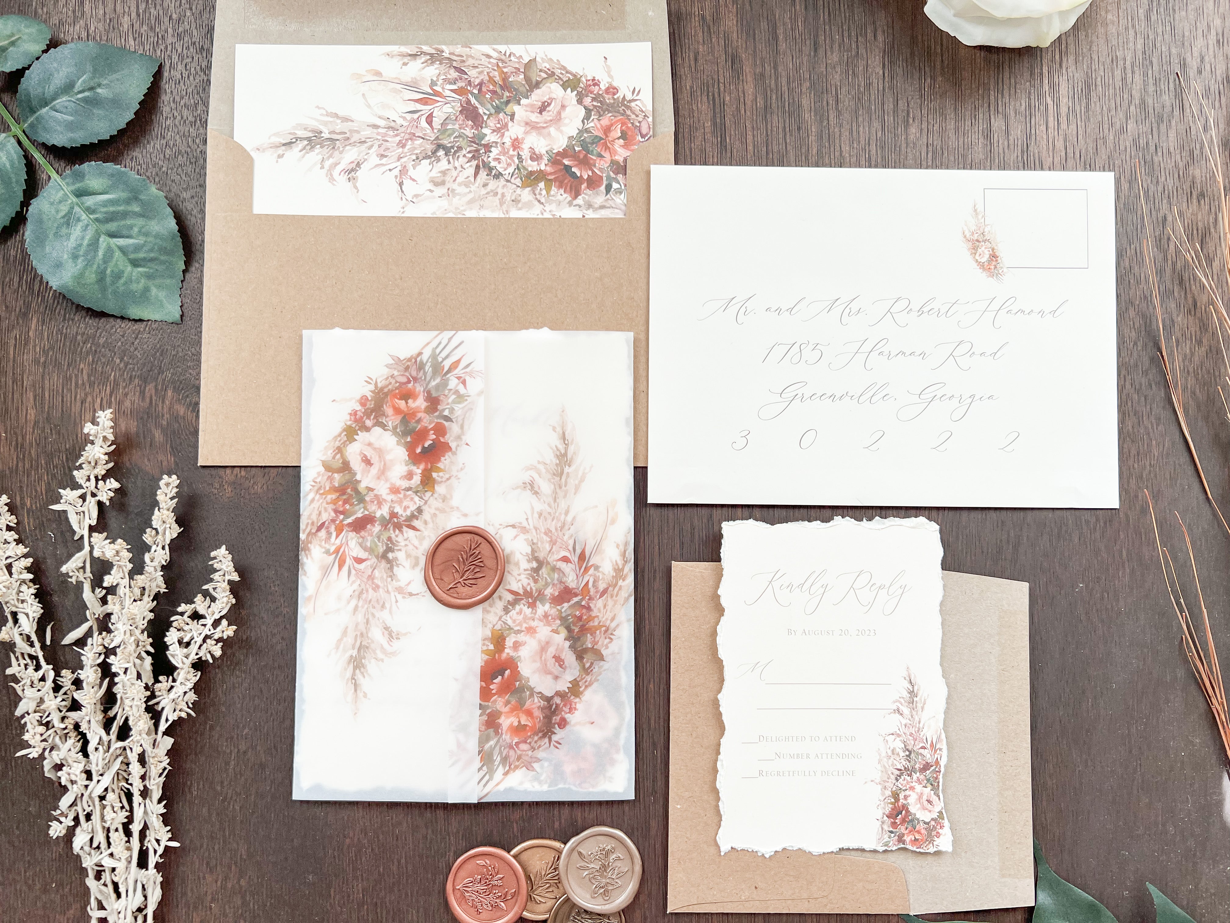 Pampas & Copper Foliage Boho Wedding Invitation with Deckled Edging, Vellum & Wax Seal
