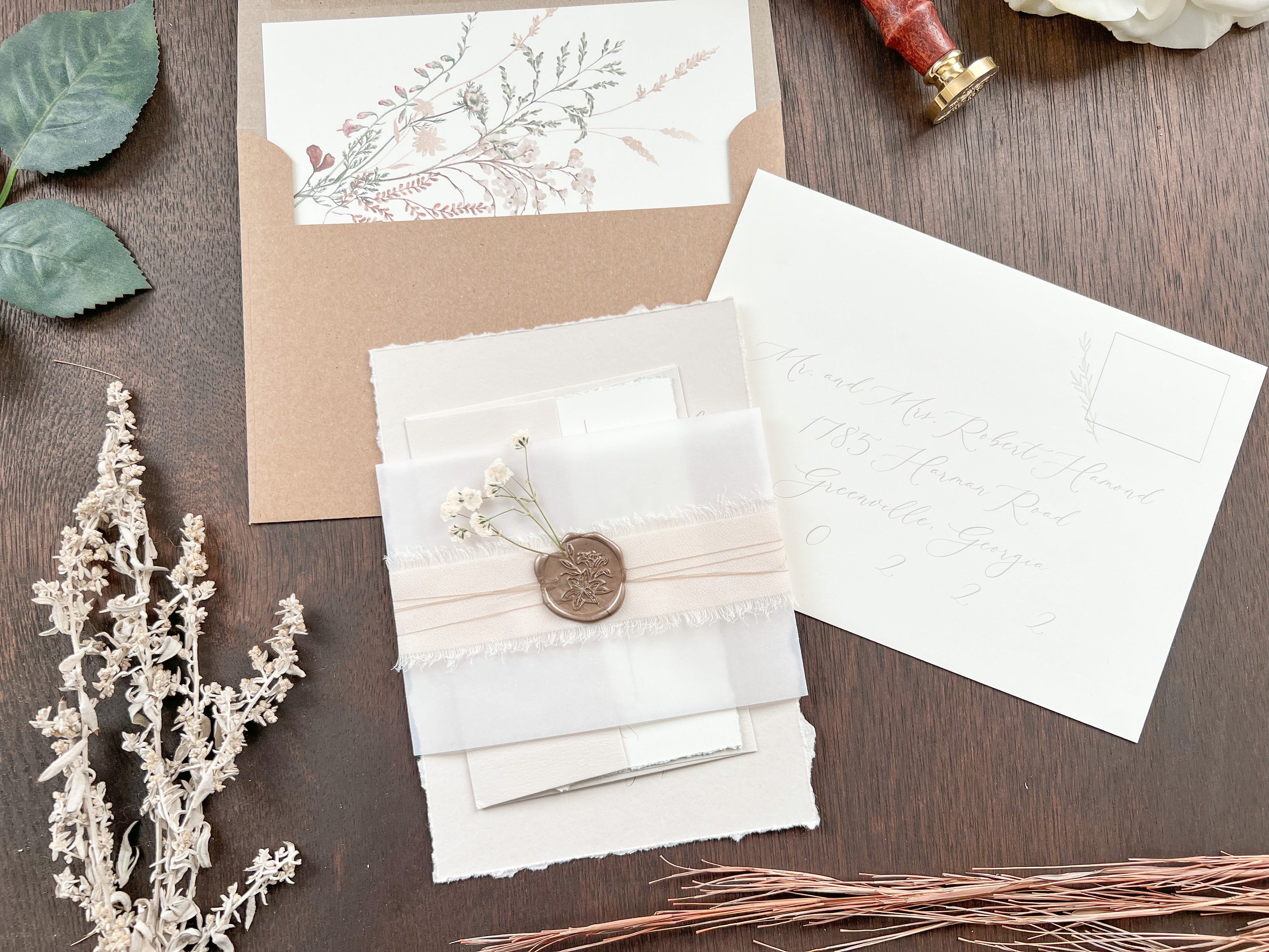 Neutral Wedding Invitation with Deckled Edging, Vellum Belly Band, Chiffon Ribbon, Dried Baby’s Breath and Wax Seal