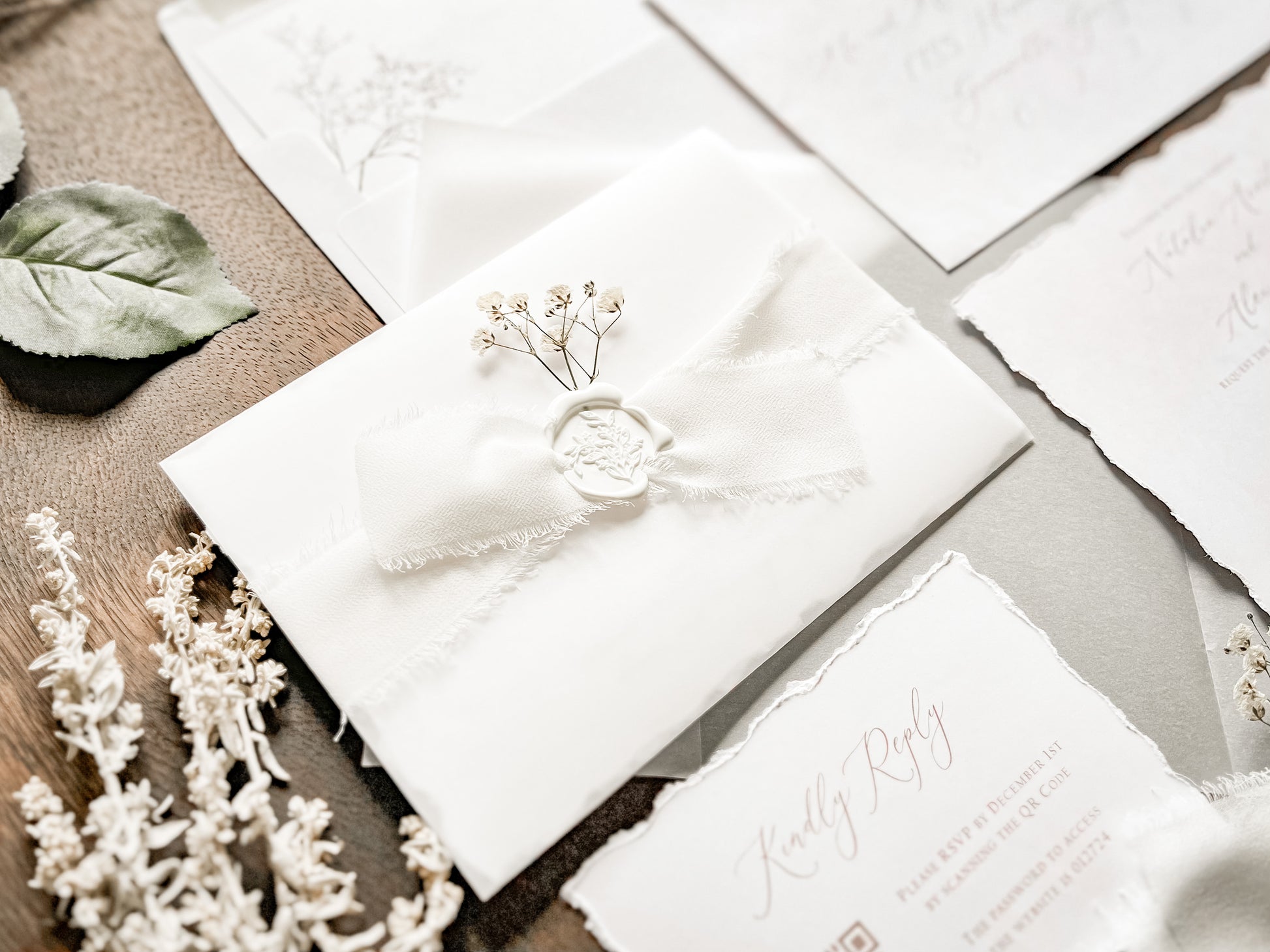 White Baby’s Breath Wedding Invitation with Deckled Edging, QR code RSVP, Vellum, Chiffon Ribbon and Wax Seal