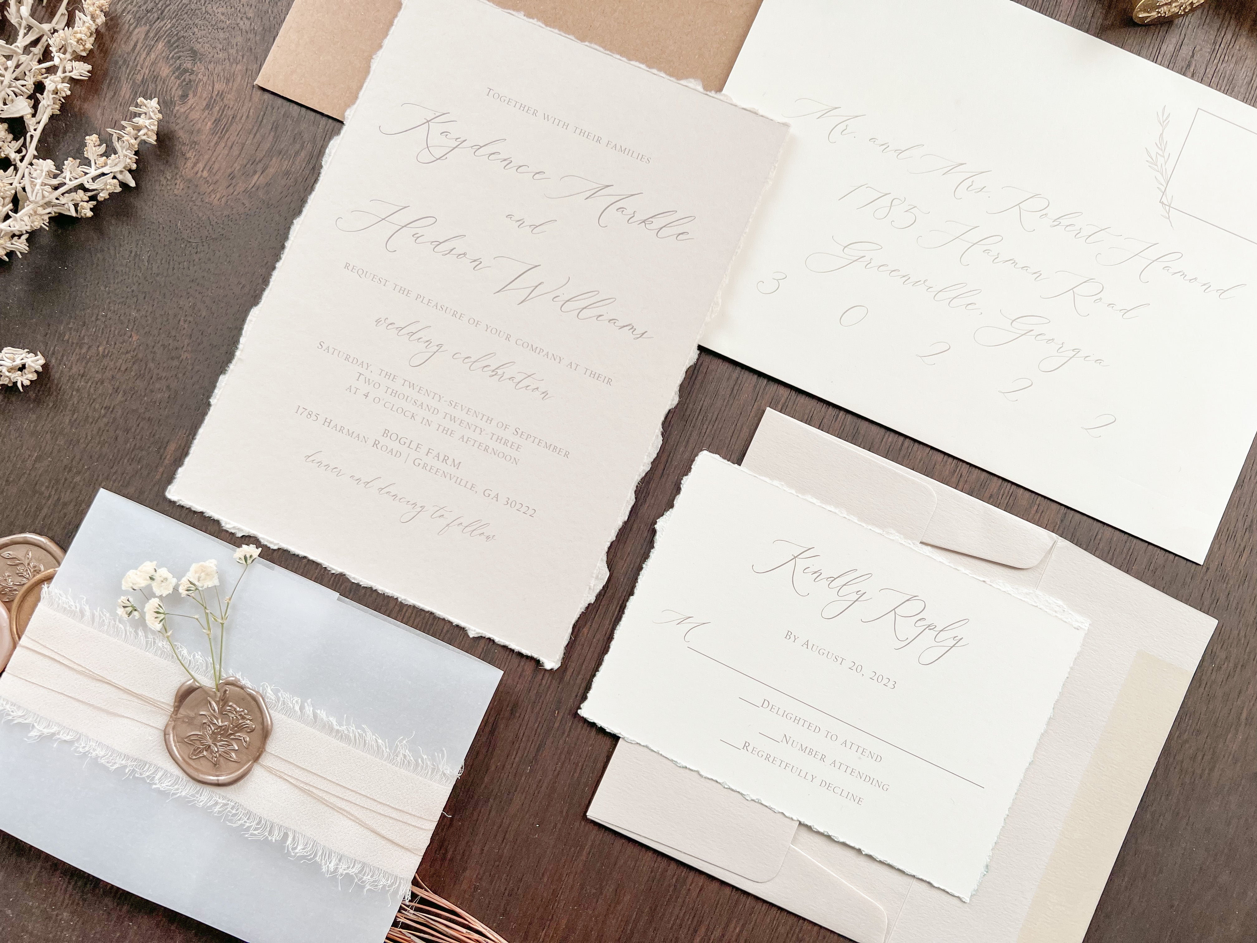 Neutral Wedding Invitation with Deckled Edging, Vellum Belly Band, Chiffon Ribbon, Dried Baby’s Breath and Wax Seal