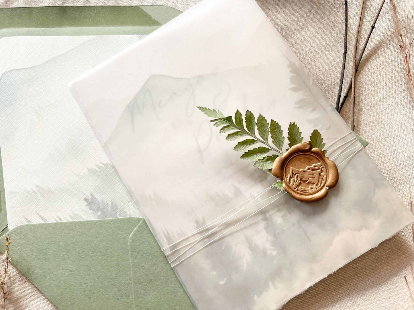 Mountain Wedding Invitation with Vellum, Deckled Edge & Wax Seal