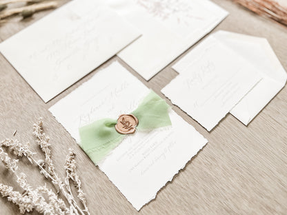 Sage Green Ribbon Wedding Invitation with Deckled Edging, Chiffon Ribbon & Antique Gold Wax Seal