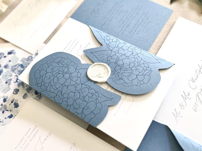 Hydrangea Wedding Invitation with Die Cut Wrap & Wax Seal