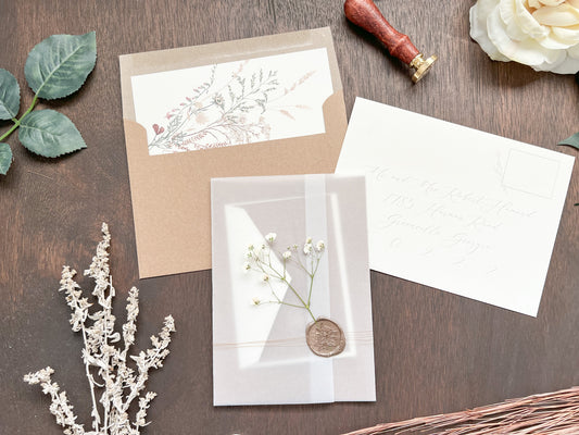 Rustic Elegant Baby’s Breath Wedding Invitation with Deckled Edging, Vellum Wrap and Wax Seal