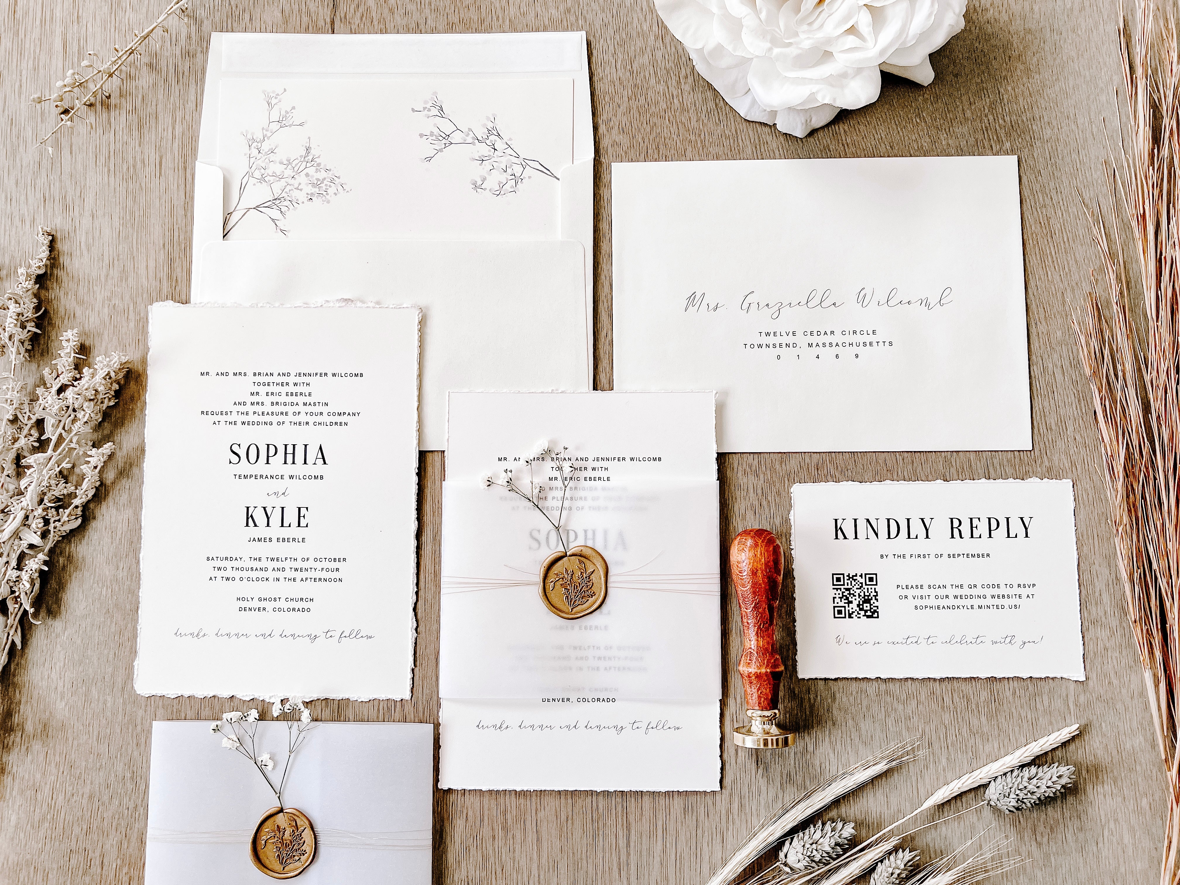 Contemporary Ivory Wedding Invitation with Baby’s Breath, Deckled Edging, Vellum Belly Band and Wax Seal
