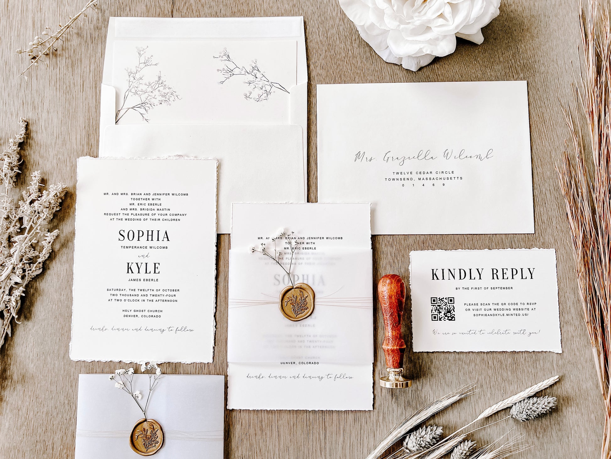 Contemporary Ivory Wedding Invitation with Baby’s Breath, Deckled Edging, Vellum Belly Band and Wax Seal