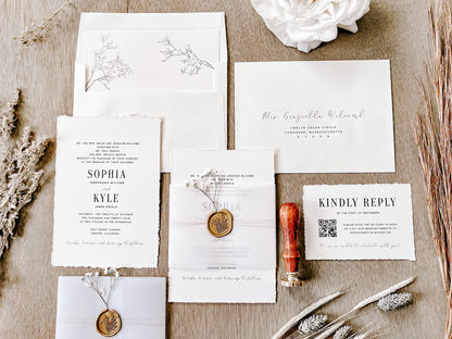 Contemporary Ivory Wedding Invitation with Baby’s Breath, Deckled Edging, Vellum Belly Band and Wax Seal