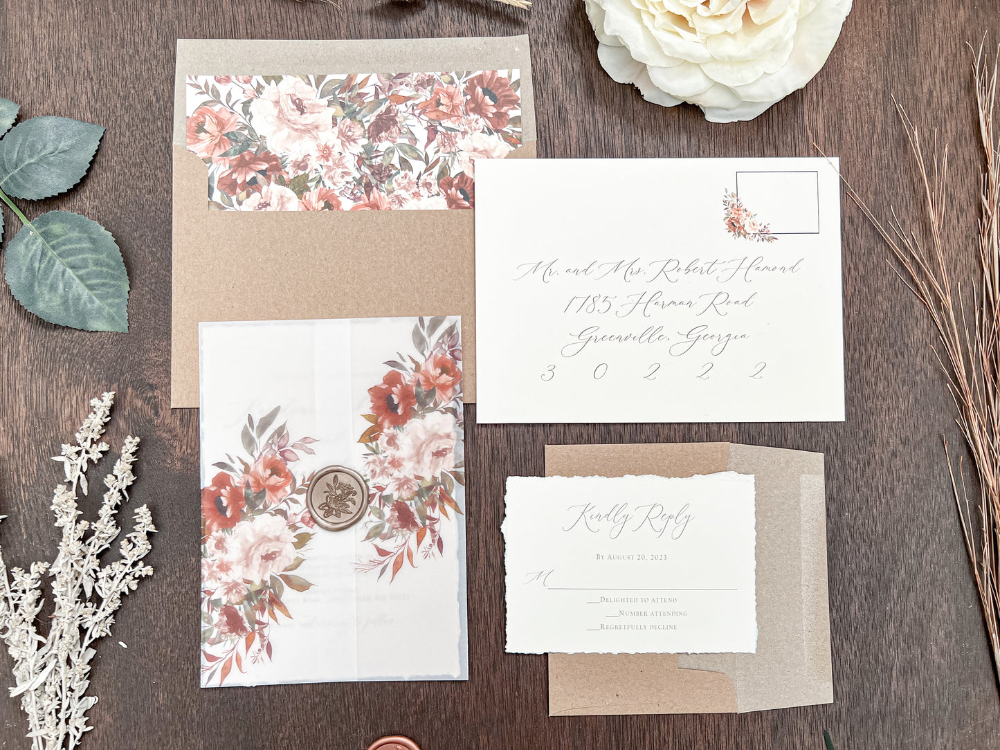 Boho Fall Floral Wedding Invitation with Deckled Edging, Vellum & Wax Seal