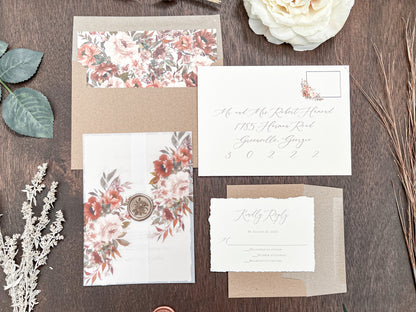 Boho Fall Floral Wedding Invitation with Deckled Edging, Vellum & Wax Seal