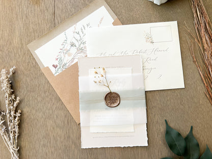 Muted Sage Green Wedding Invitation with Deckled Edging, Vellum Belly Band, Chiffon Ribbon, Dried Baby’s Breath and Wax Seal