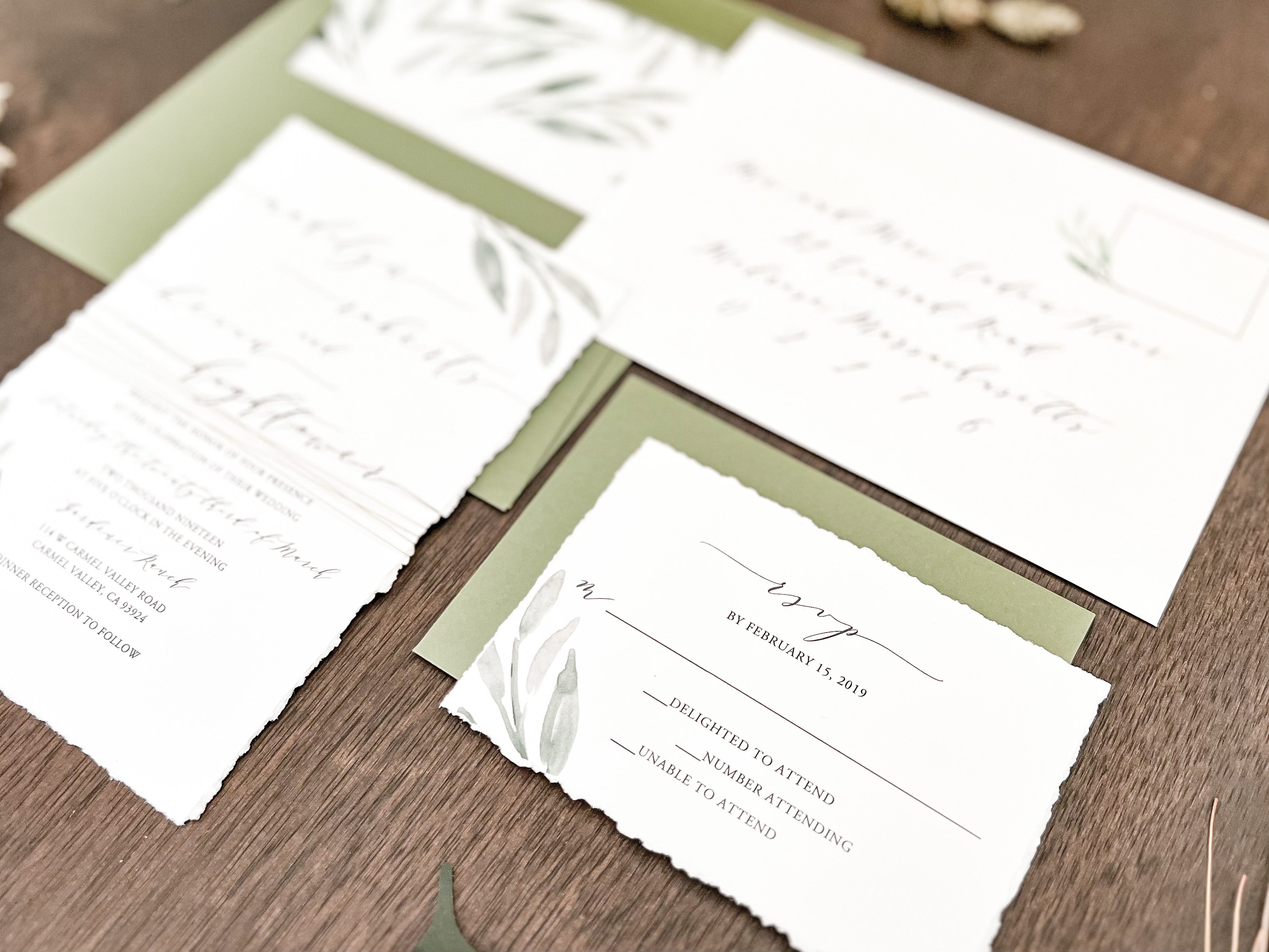 Greenery Wedding Invitation Wrapped in Thread
