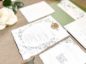 Minimalist Greenery Wedding Invitation with Deckled Edge and Antique Gold Wax Seal