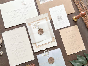 Elegant Beige Baby’s Breath Wedding Invitation with Deckled Edging, Vellum Belly Band and Wax Seal