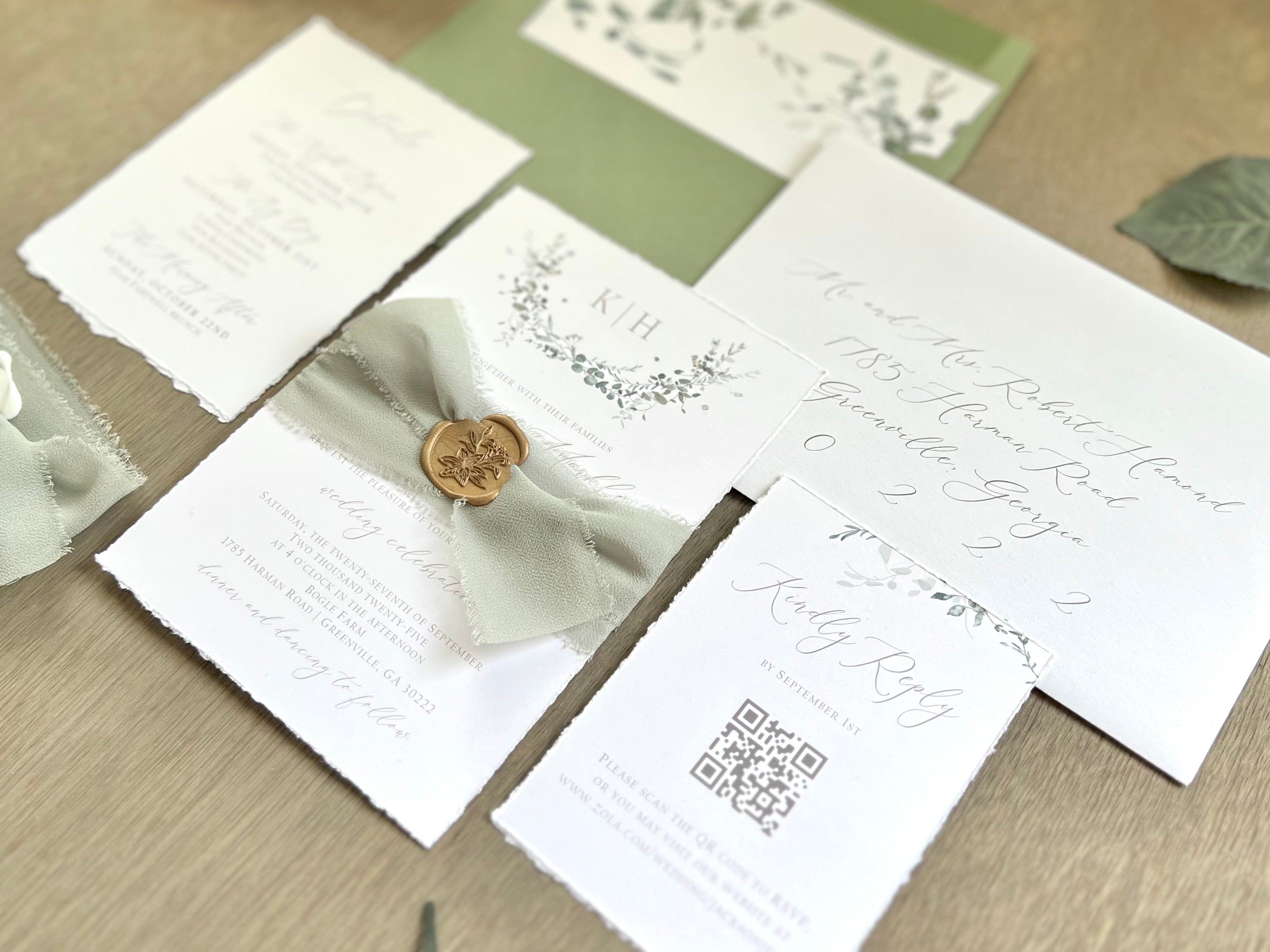 Monogram Laurel Wreath Wedding Invitation with Muted Sage Green Chiffon Ribbon & Wax Seal with Deckled Edging