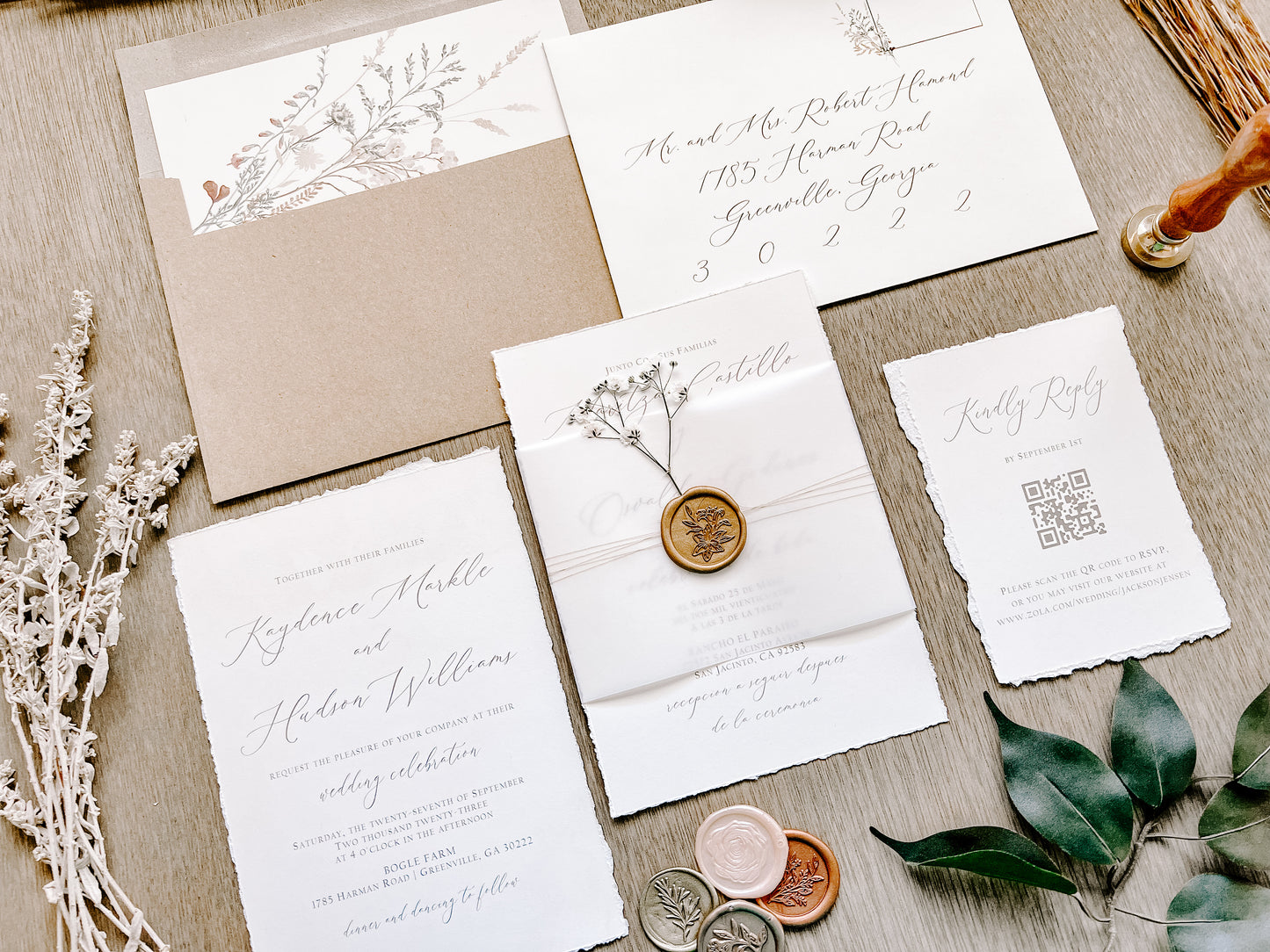 Vintage Ivory Baby’s Breath Wedding Invitation with Deckled Edging, Vellum Belly Band and Wax Seal