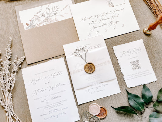 Vintage Ivory Baby’s Breath Wedding Invitation with Deckled Edging, Vellum Belly Band and Wax Seal