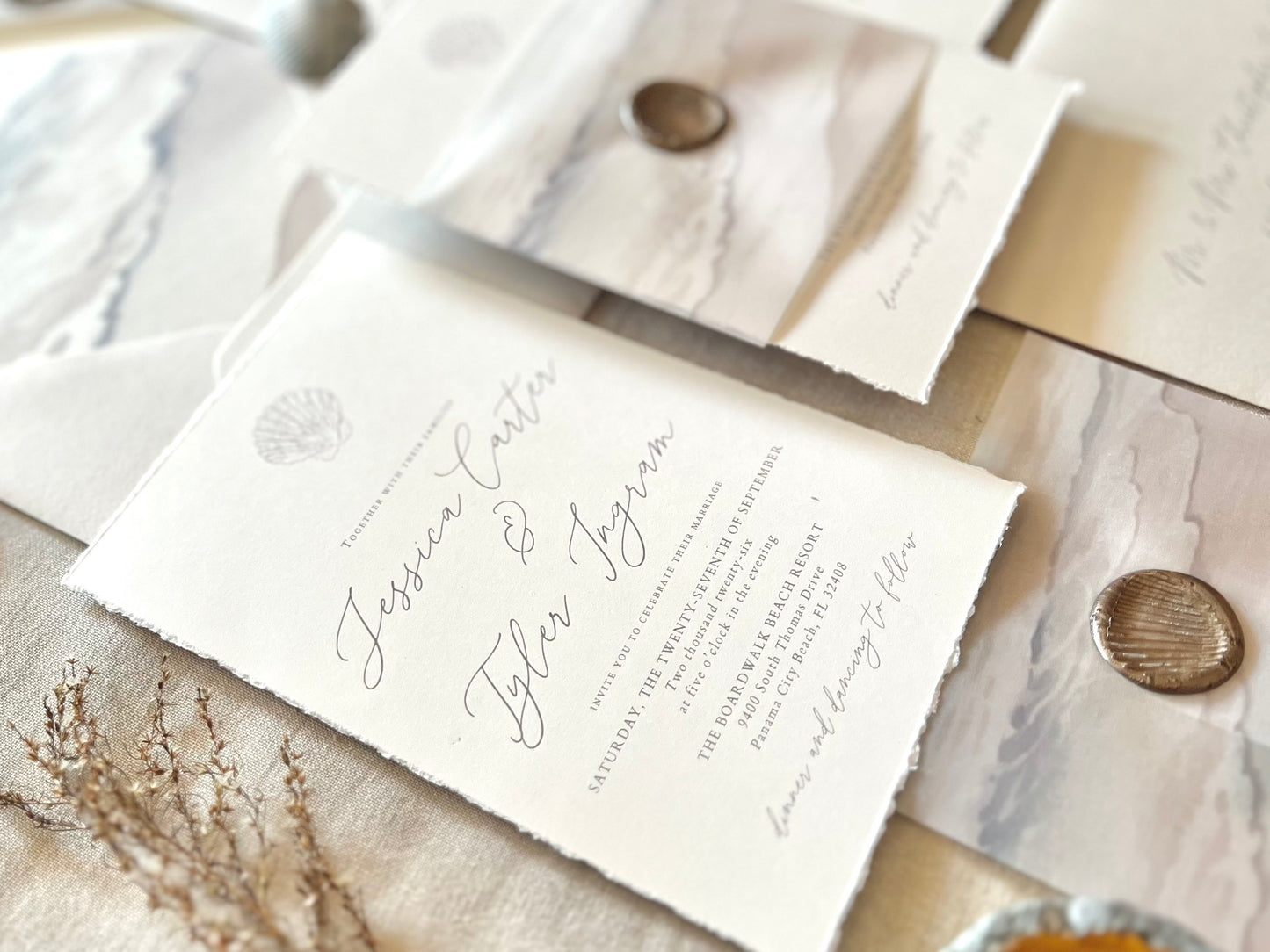 Ocean Waves Beach Wedding Invitation with Vellum & Wax Seal