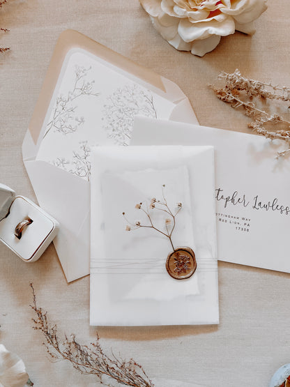 Baby’s Breath Wedding Invitation with Deckled Edging, Vellum Wrap and Wax Seal