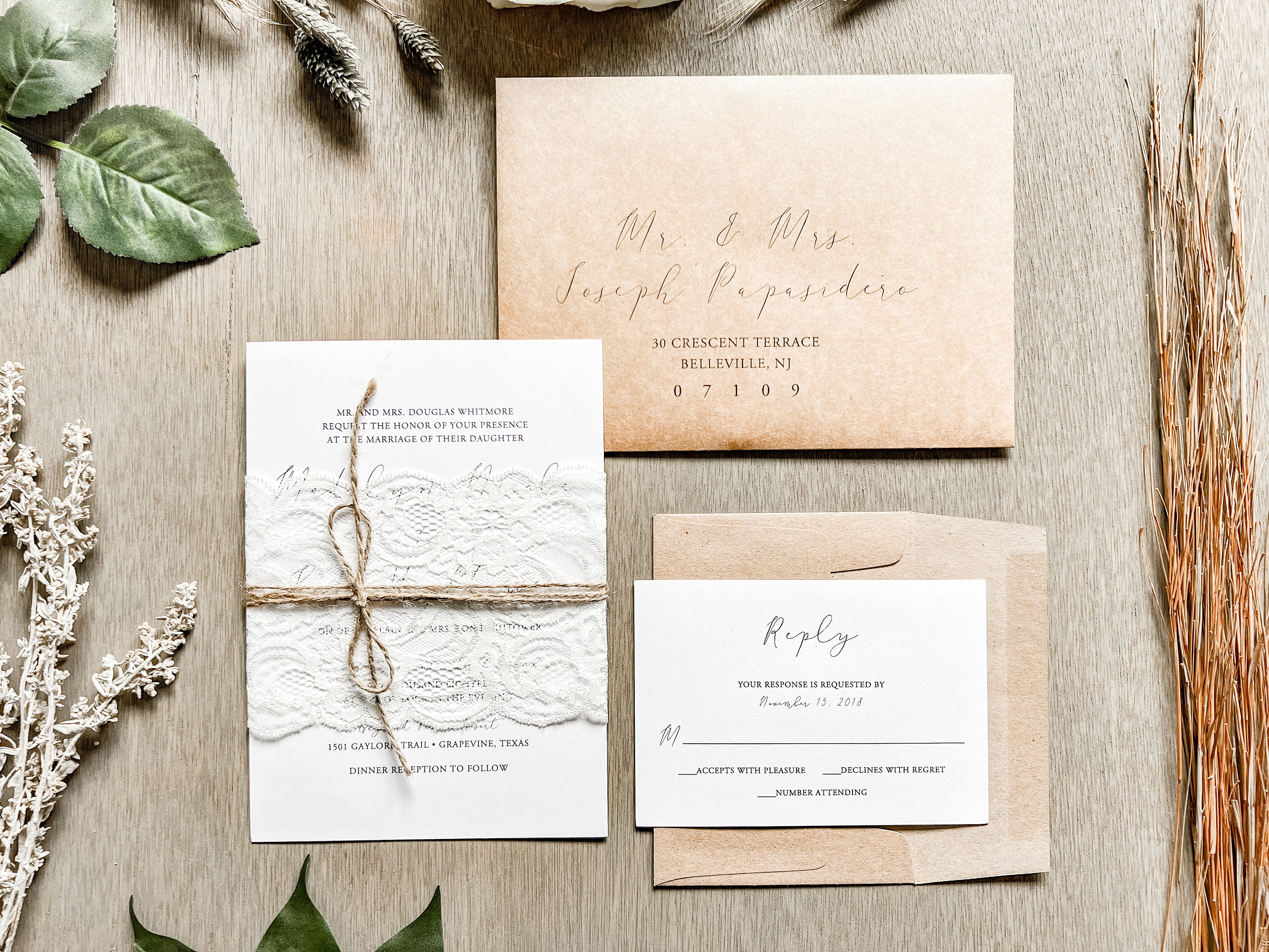 Rustic Lace Wedding Invitation with twine