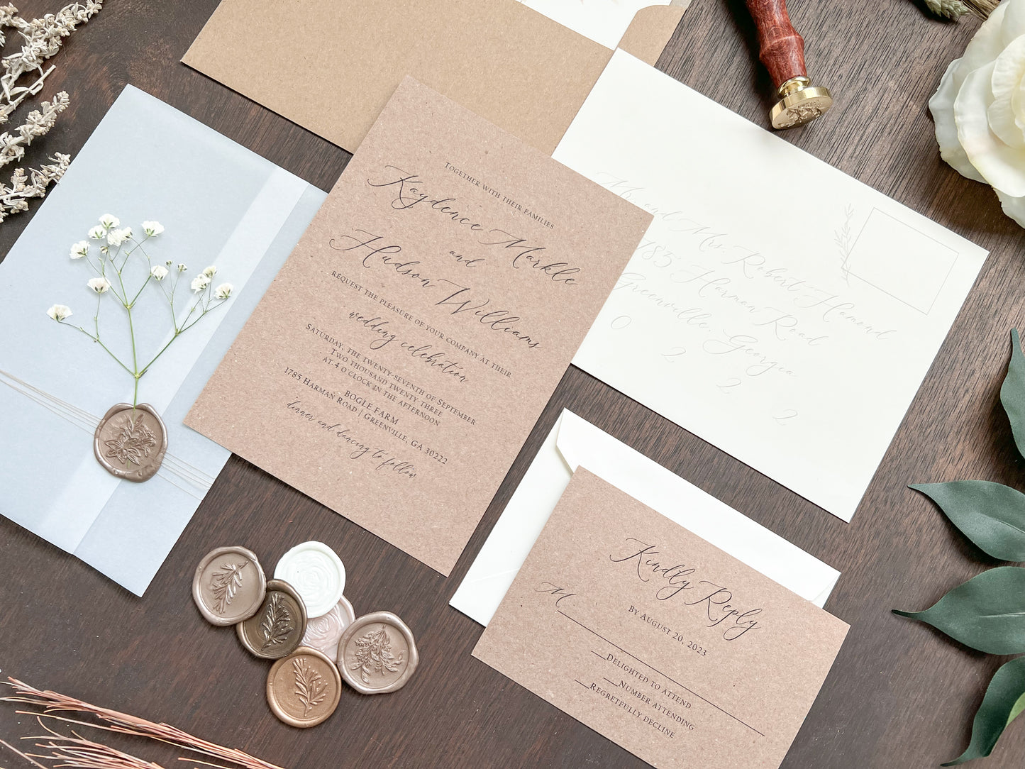 Rustic Baby’s Breath Wedding Invitation with Vellum Wrap and Wax Seal