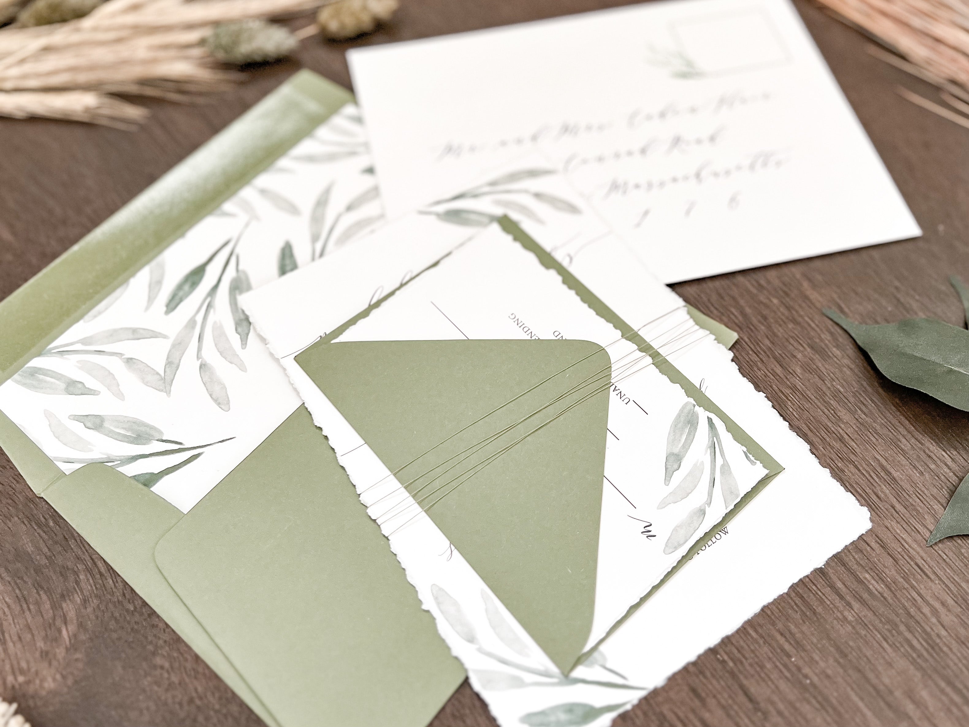 Greenery Wedding Invitation Wrapped in Thread