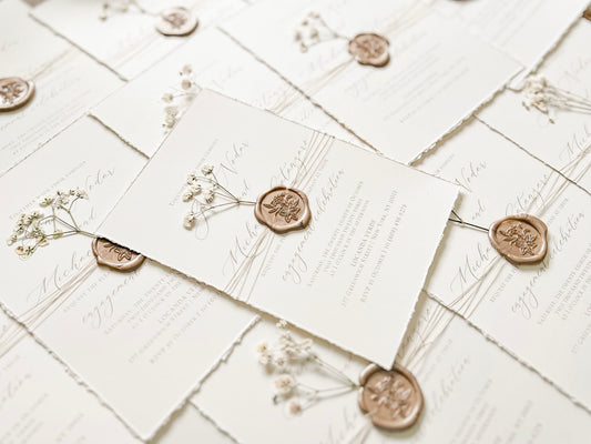 Elegant Ivory Baby’s Breath Wedding Invitation with Deckled Edging, Khaki Thread and Wax Seal