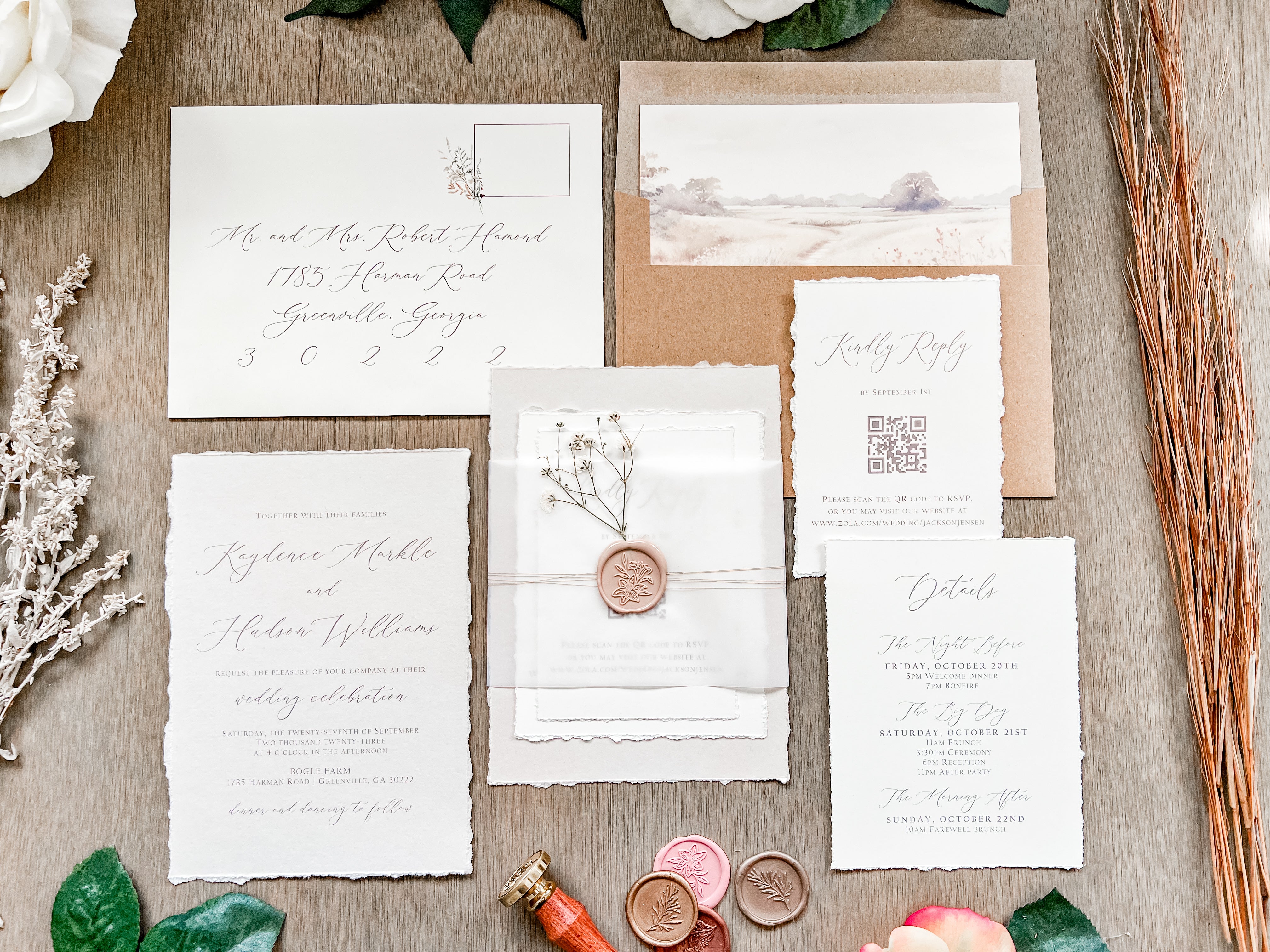 Neutral Wedding Invitation with Baby’s Breath, Deckled Edging, Vellum Belly Band and Wax Seal