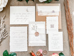 Neutral Wedding Invitation with Baby’s Breath, Deckled Edging, Vellum Belly Band and Wax Seal