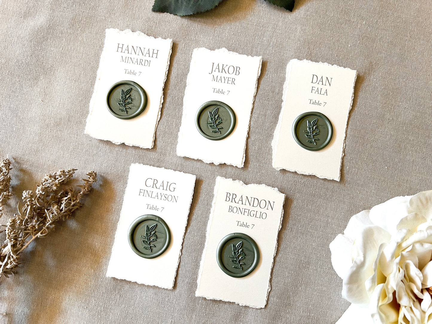 Wedding Place Cards with Wax Seal and Deckled Edging