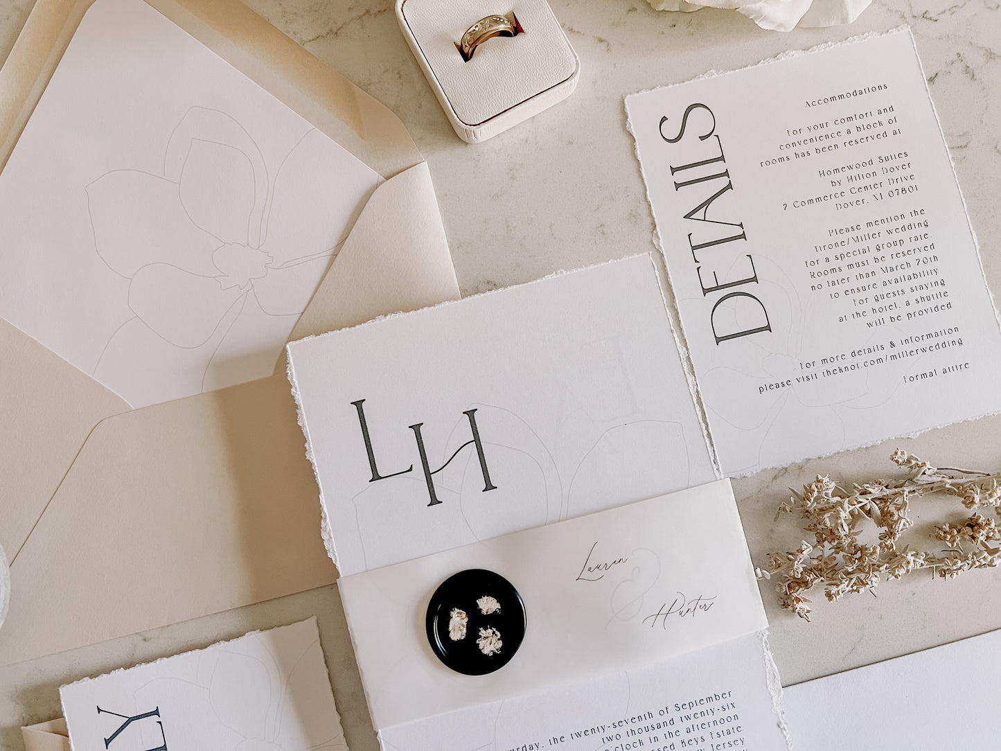 Classic Magnolia Wedding Invitation with Vellum & Wax seal